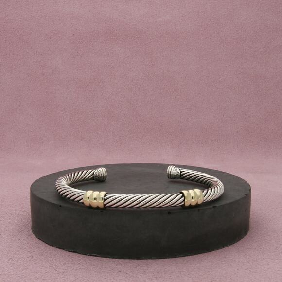 david yurman sterling silver & 14k gold classic cable cuff bracelet size 6.5in - Picture 1 of 3